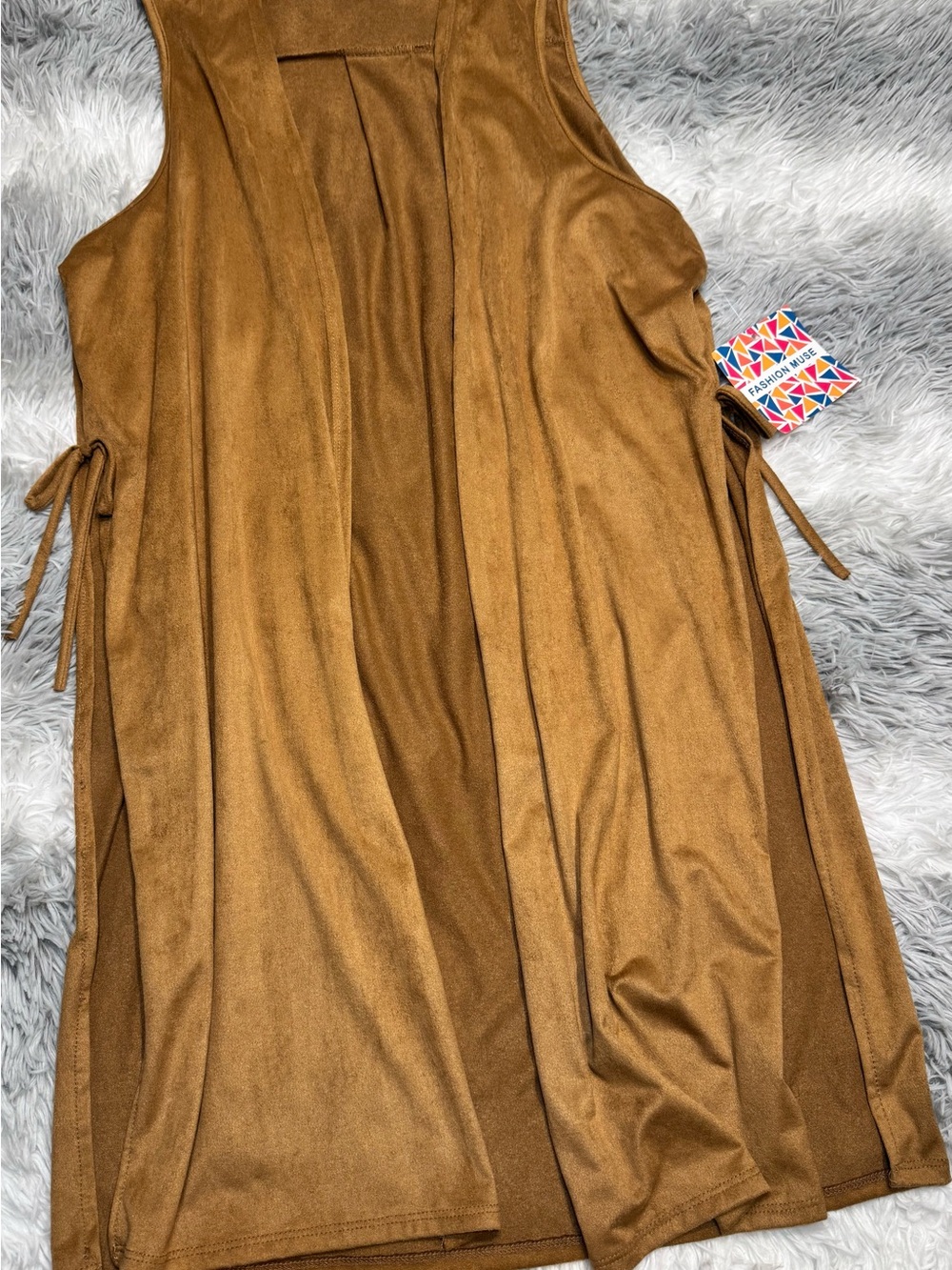 Camel Suede-Look Sleeveless Duster Vest